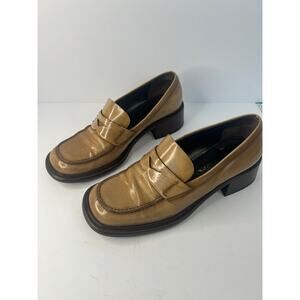 VTG Prada Tan Brown Classic Leather SlipOn Low Block Heel Penny Loafer Shoes 7.5